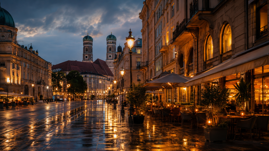 Münchner Altstadt bei Abenddämmerung mit warmer Beleuchtung